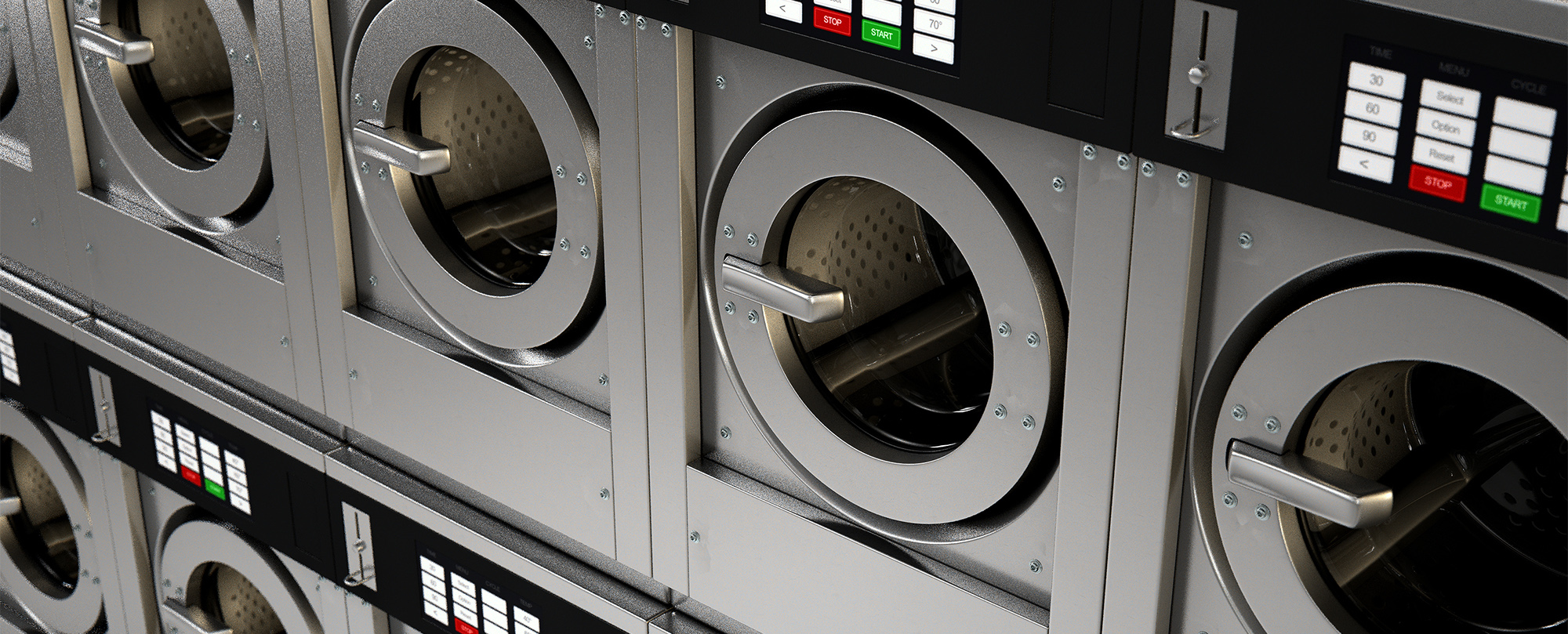 Close-up of a row of industrial washing machines with circular doors. The machines, integral to the Laundry & Dry Cleaning industry, have dark gray panels and control buttons in various colors—white, green, red, and yellow—on the right side.